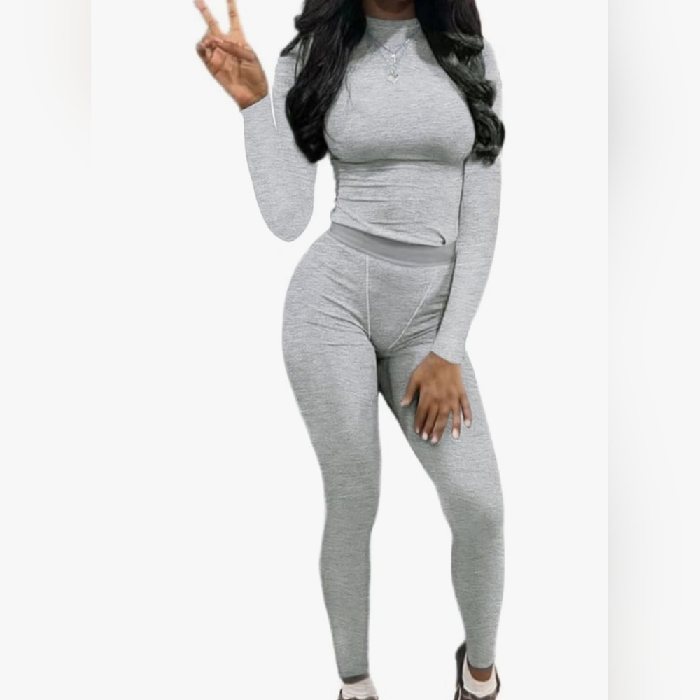 Gray 2 Piece Outfits Ribbed Fitted T-shirt Leggingsl Matching set Lg
